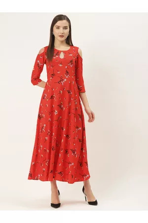 Deewa Women Red & Black Floral Print Cold-Shoulder Maxi Dress
