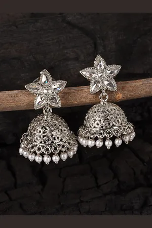 JEWELS GEHNA White & Silver Plated Floral Jhumkas Earrings