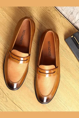MUTAQINOTI Men Tan Brown Patent Leather Loafers