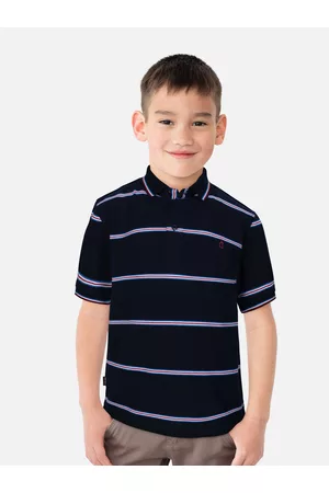 Gini and Jony Boys Navy Blue & White Striped Cotton Polo Collar T-shirt