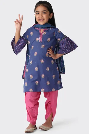 Fabindia Girls Blue & Pink Printed Pure Cotton Kurta with Dhoti Pants & With Dupatta