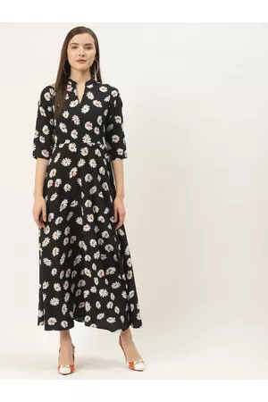 Deewa Women Black & White Floral Print Maxi Dress