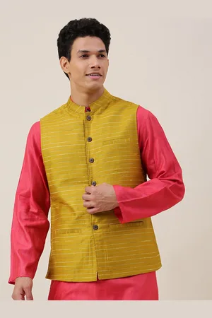 Fabindia Men Yellow Striped Nehru Jackets
