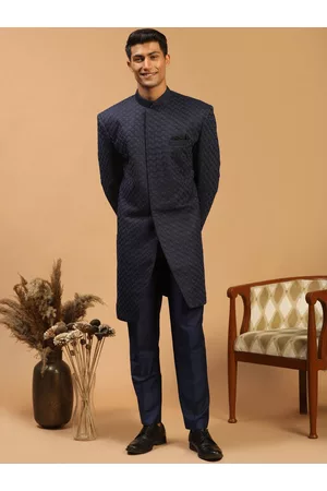 Vastramay Men Navy Blue Self-Design Silk Blend Sherwani Set