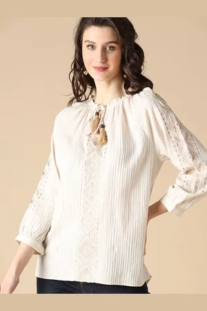 Gipsy Women Beige Striped Tie-Up Neck Pure Cotton Top