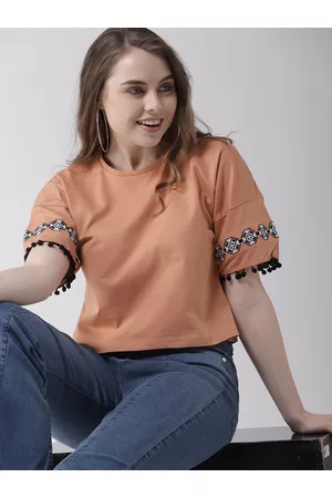 Mast & Harbour Women Brown Solid Crop Boxy Top