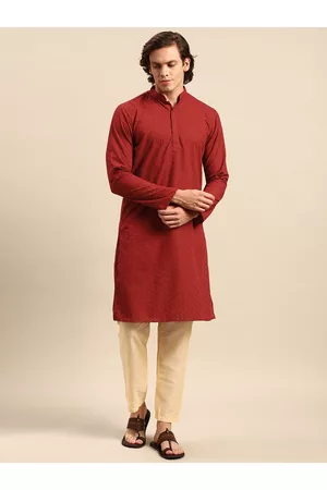 Anouk Men Ethnic Pyjamas - Men Red Ethnic Motifs Embroidered Pure Cotton Kurta with Pyjamas