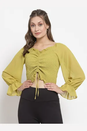 Gipsy Women Lime Green Solid Georgette Crop Top
