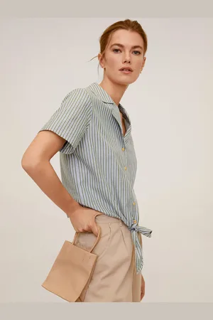 MANGO Women Green & White Regular Fit Striped Casual Shirt With Tie-Up Detail