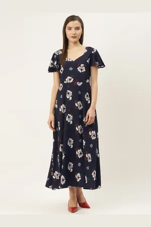 Deewa Women Navy Blue & Off-White Floral Print Maxi Dress