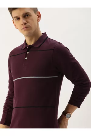 Invictus Men Burgundy White Slim Fit Striped Polo Collar Pure Cotton T-shirt