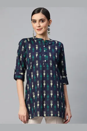 NeshamaKurti Mandarin Collar Printed Cotton Tunic
