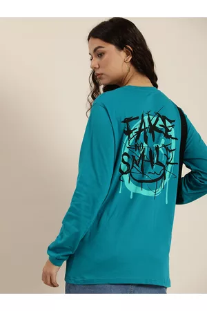 Difference of Opinion Women Turquoise Blue Printed Pure Cotton Oversized T-shirt