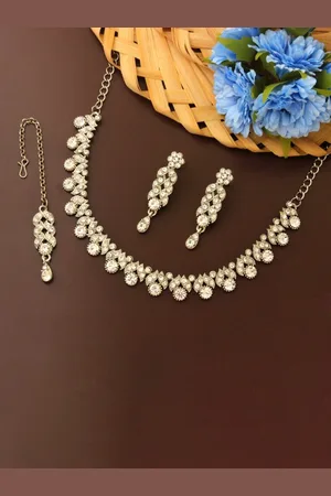 Atasi International Rhodium-Plated Silver-Toned White Crystal Stone-Studded Choker Necklace Set