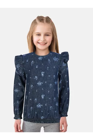 Gini and Jony Navy Kids Girls Blue Floral Print Layered Denim Blouson Top
