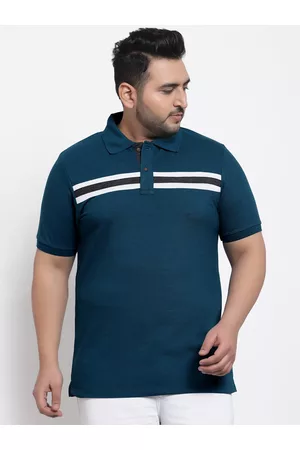 Kalt Men Plus Size Teal Blue & White Striped Polo Collar T-shirt