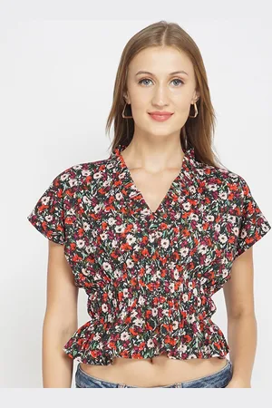 Oxolloxo Women Black Floral Wrap Crop Top