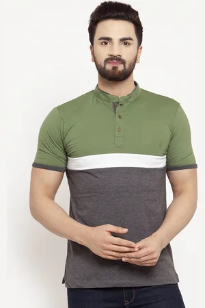 Kalt Men Olive Green & Grey Colourblocked Mandarin Collar T-shirt