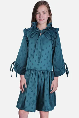 Gini and Jony Girls Teal Tie-Up Neck Printed Dress