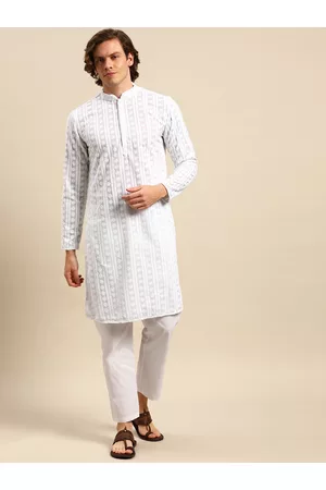 Anouk Men White Ethnic Motifs Embroidered Pure Cotton Kurta with Pyjamas