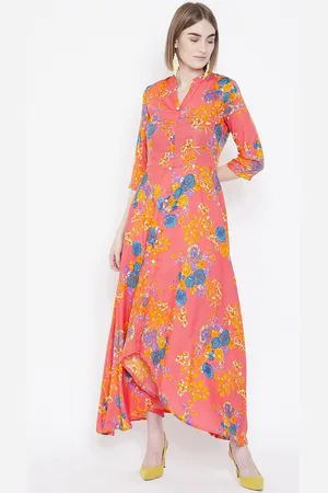 Deewa Women Coral Pink & Blue Floral Printed Maxi Dress