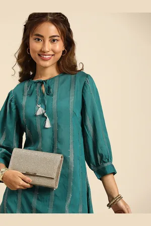 Sangria Women Jacquard Chanderi Silk Tie-Up Neck Puff Sleeves Kurta With Sequin Detail