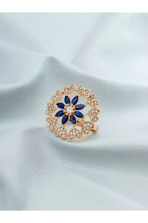 Aadita Rose Gold-Plated Blue & White Stone-Studded Finger Ring