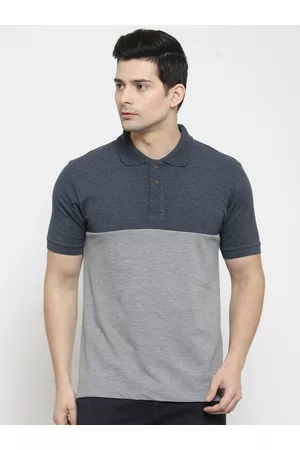 Kalt Men Grey & Blue Colourblocked Polo Collar T-shirt