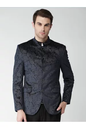 Invictus Men Blue Velvet Slim Fit Patterned Ethnic Bandhgala Blazer