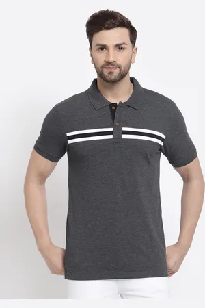 Kalt Men Grey & White Striped Polo Collar T-shirt