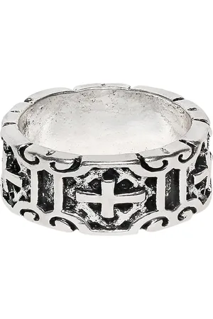 OOMPH Men Antique Silver-Toned & Black Knights Templars Broad Band Biker Finger Ring