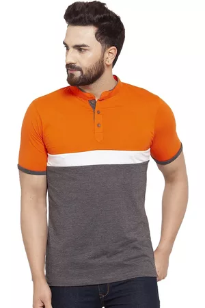 Kalt Plus Size Men Orange & Grey Solid Colourblocked Mandarin Collar T-shirt