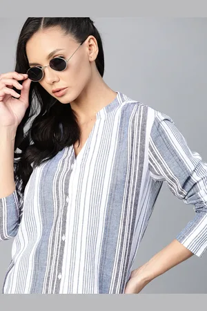 Roadster Women White & Navy Blue Striped Linen Blend Casual Shirt