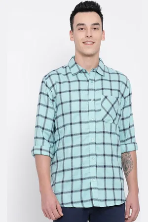 Oxolloxo Men Turquoise Blue & Black Regular Fit Checked Casual Shirt