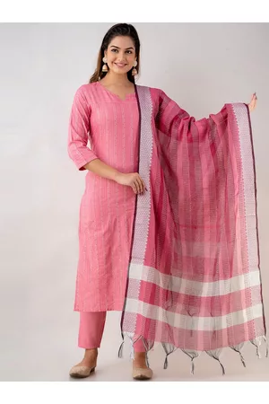 CKM Women Pink Striped Sequinned Kurta with Trouser & Dupatta Set