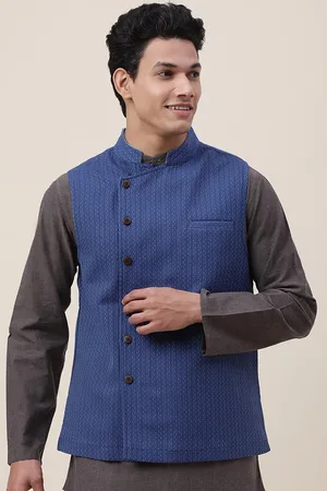 Fabindia Men Blue Woven Design Cotton Nehru Jackets