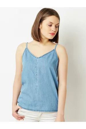 Miss Chase Women Light Weight Solid A-Line Denim Pure Cotton Top