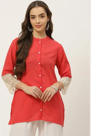 FABRIC FITOOR Women Coral Red Mandarin Collar Pure Cotton Kurti