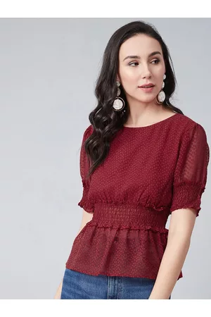 marie claire Women Maroon Self Design Cinched Waist Top