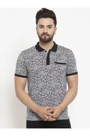 WILD WEST Men Grey Black Printed Polo Collar Pure Cotton T-shirt