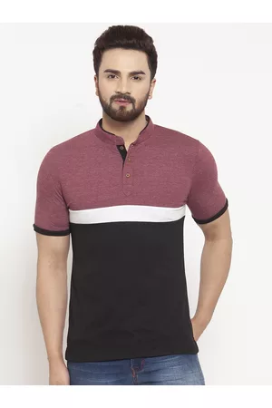 Kalt Men Maroon & Black Colourblocked Mandarin Collar T-shirt