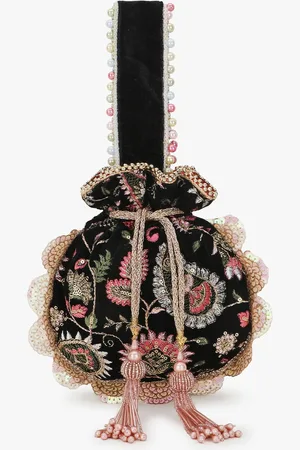 Anekaant Women Black & Pink Embroidered Potli Clutch