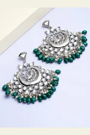 karatcart Green & Silver Plated Peacock Shaped Chandbalis Earrings