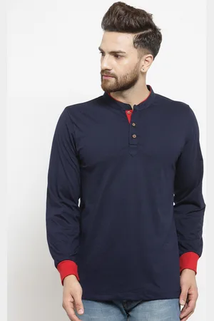 Kalt Men Navy Blue Solid Mandarin Collar T-shirt