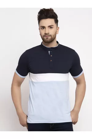 Kalt Men Navy Blue Colourblocked Mandarin Collar T-shirt