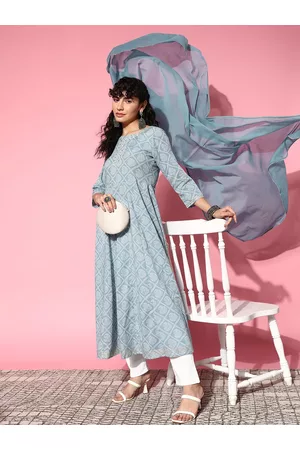 Ishin Women Blue Bandhani Embroidered Pastels Anarkali Kurta