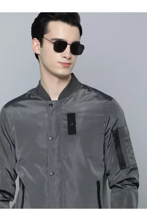 Flying Machine Men Solid Bomber Jacket With Button & Applique Detail