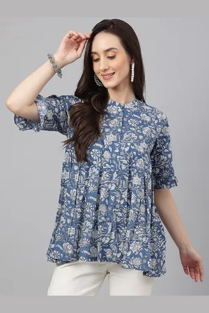 Janasya Women Blue Cotton Floral Print Flared Top