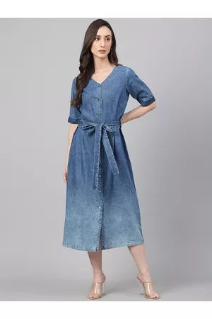 Janasya Women Denim Solid Straight Western Dress