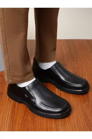 Liberty Men Black Solid Leather Formal Slip-Ons